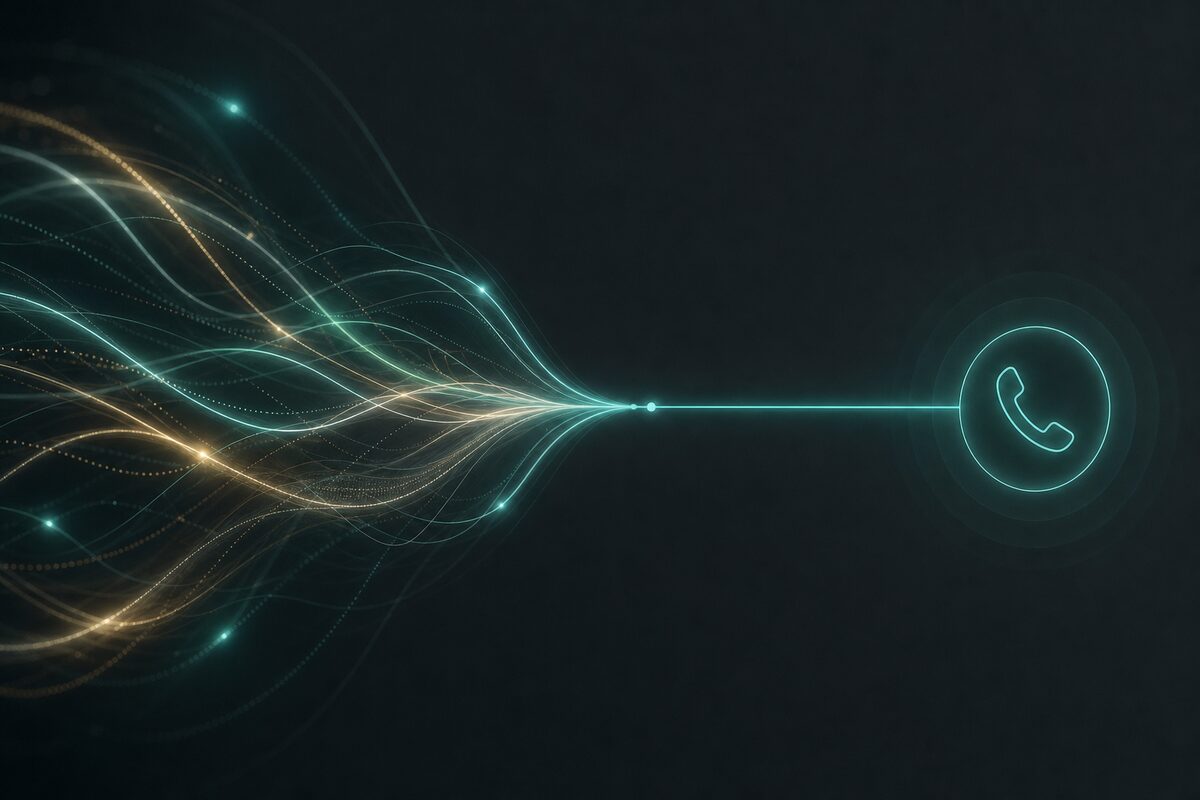 Teal and amber signal lines converging on a call glyph