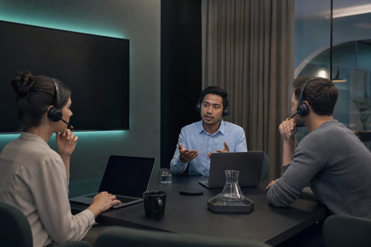 A conference room mid-call with a table microphone