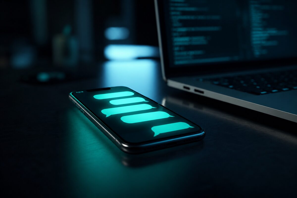 A phone screen showing teal message bubbles beside a laptop