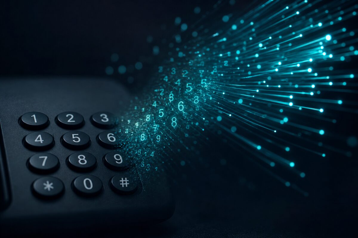 A desk phone keypad dissolving into teal digits