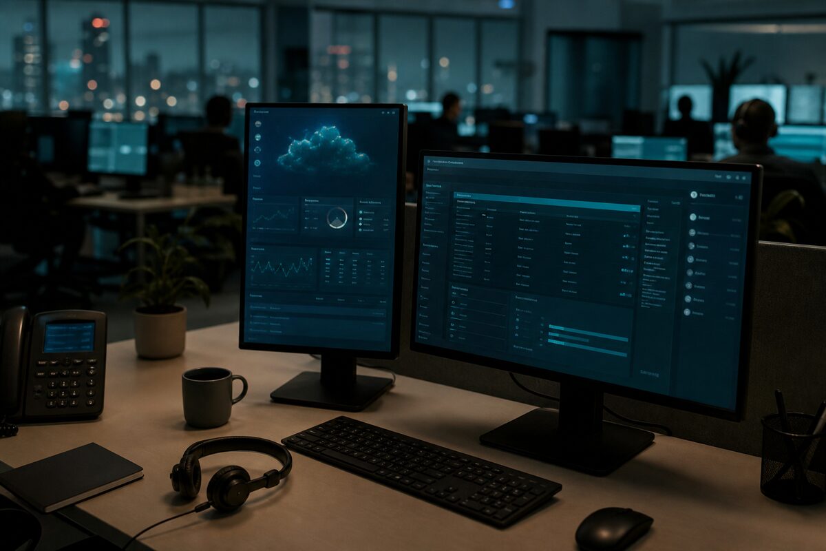 A desk phone and laptop lit by a teal light bar