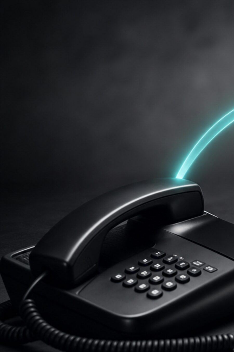 Three desk phones connected by arcs of teal light