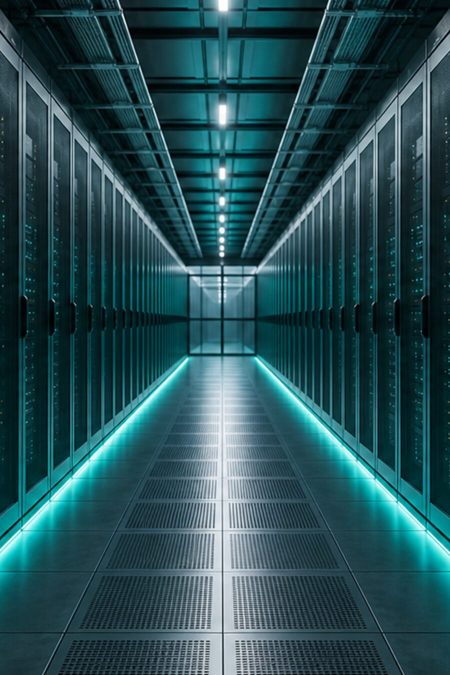 A lit corridor of data center racks