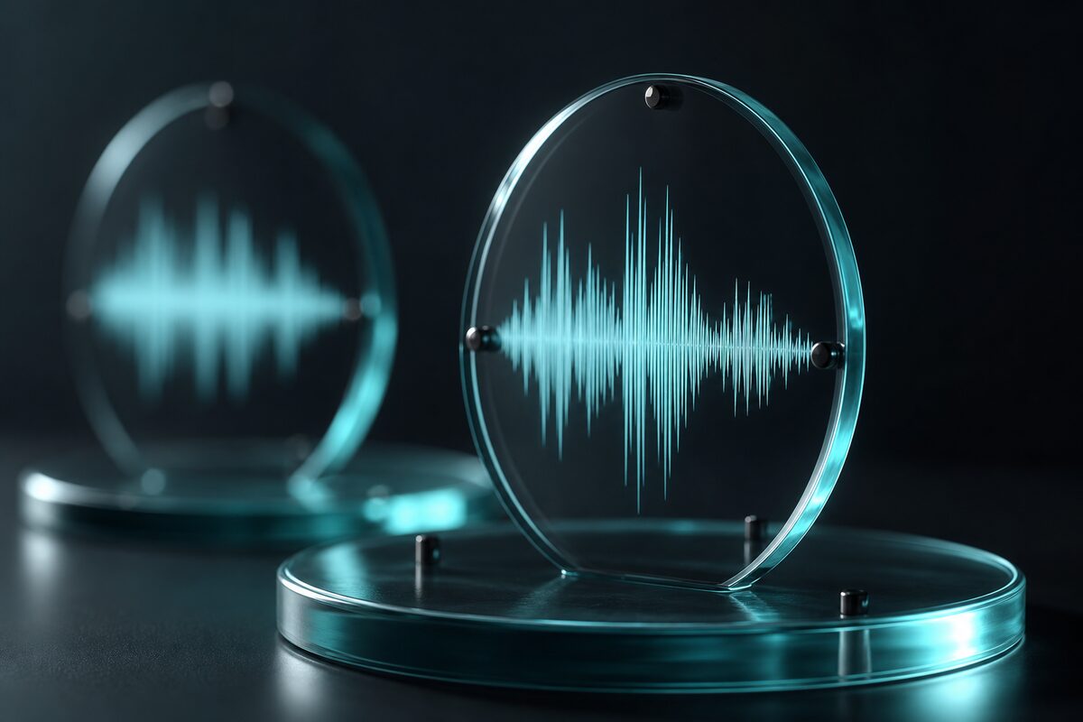 A glass audio waveform sculpture lit from within