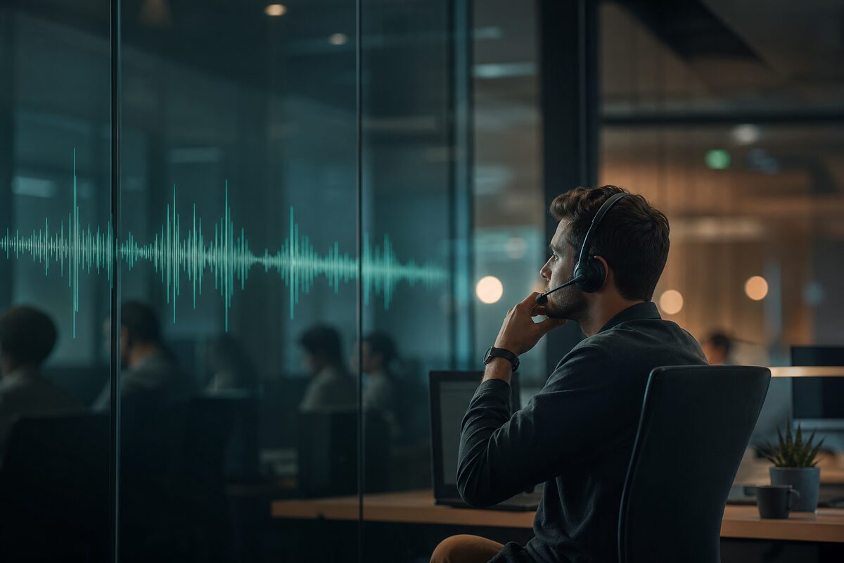 An agent in a headset watching a live call waveform on a glass wall