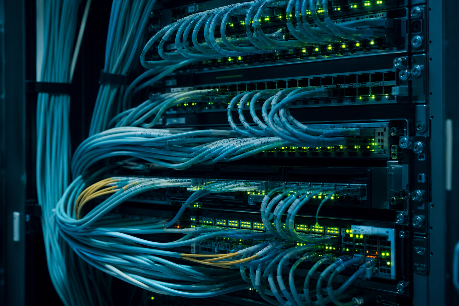 Carrier-grade network infrastructure with teal signal lighting