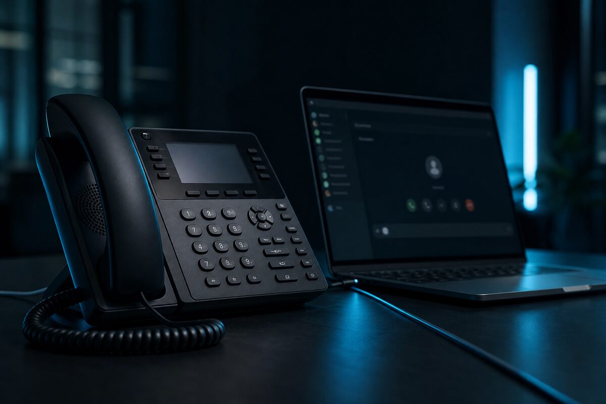 A desk phone and a laptop softphone on the same dark desk, lit by a teal light bar